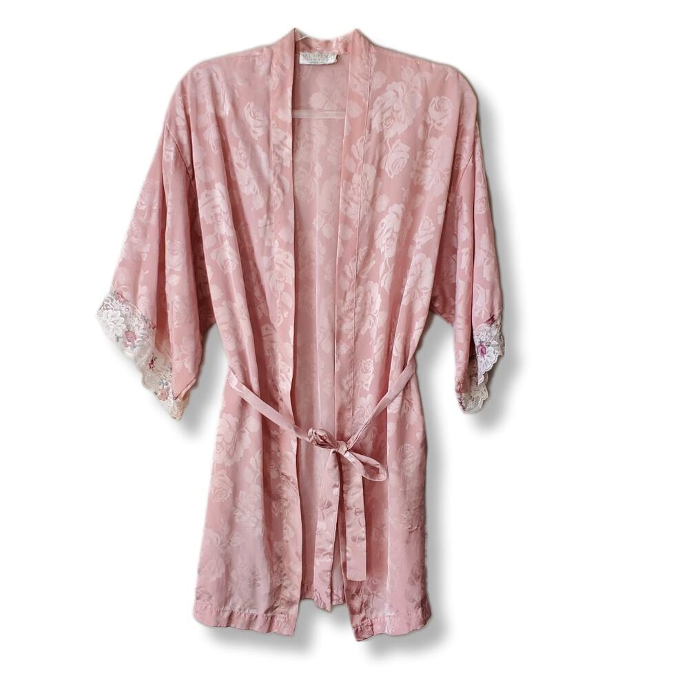 Women Valmode 80s VTG Pink Jacquard Robe S Lace Romantic Dainty Cottagecore Flaw